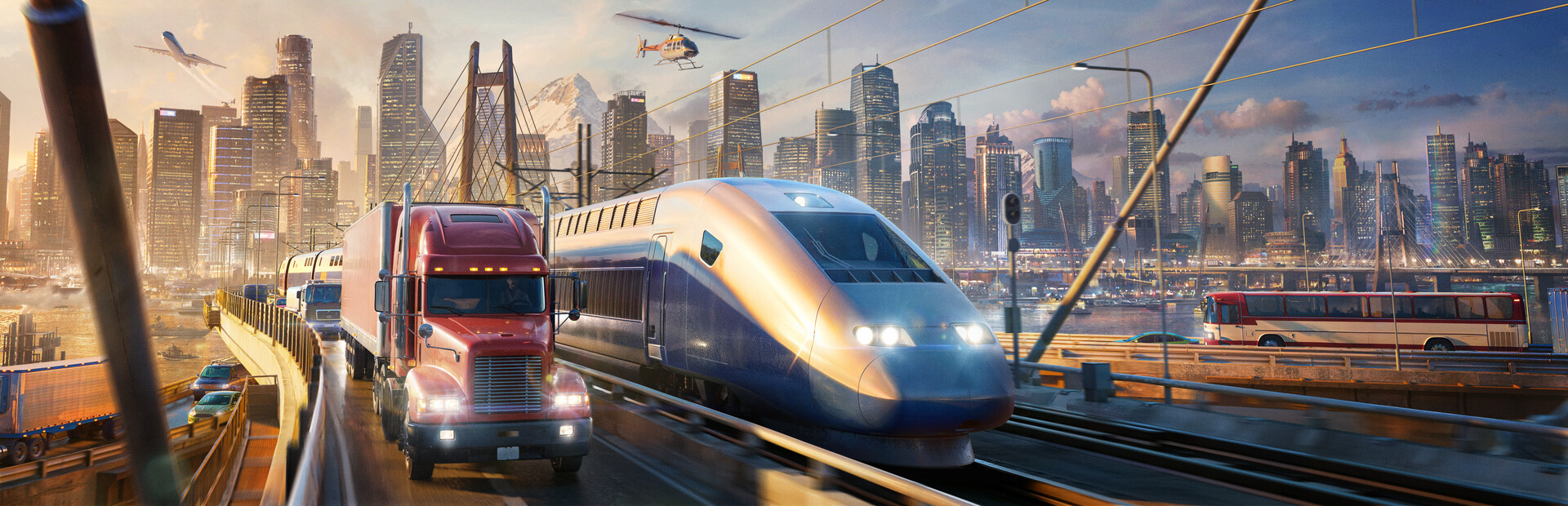 Transport Fever 3 — official marketing art showing truck, high-speed train, helicopter and modern city skyline across land, sea and air